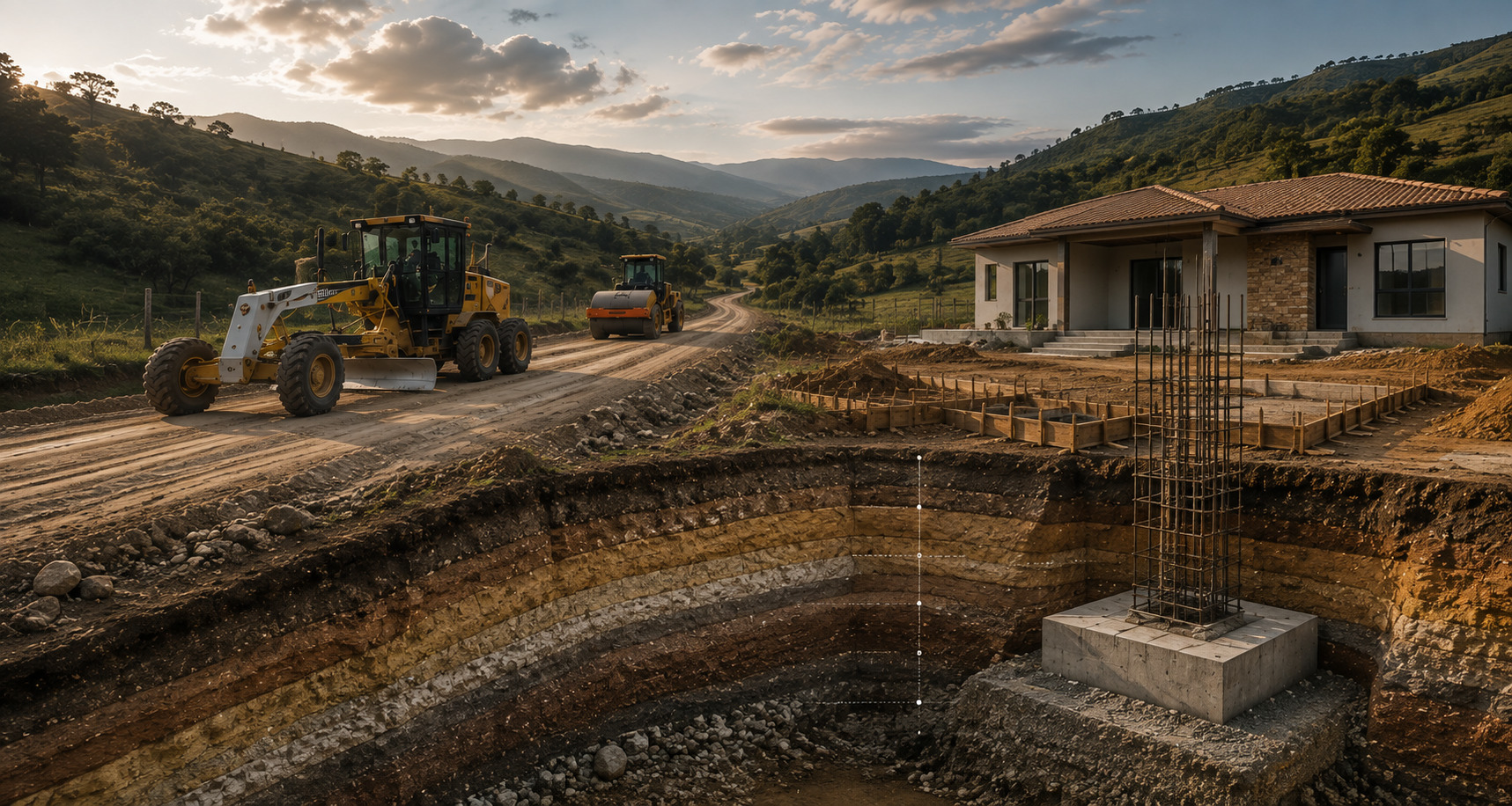 Vía terciaria en construcción en zona montañosa de Boyacá, con maquinaria de compactación y estructura de drenaje en concreto