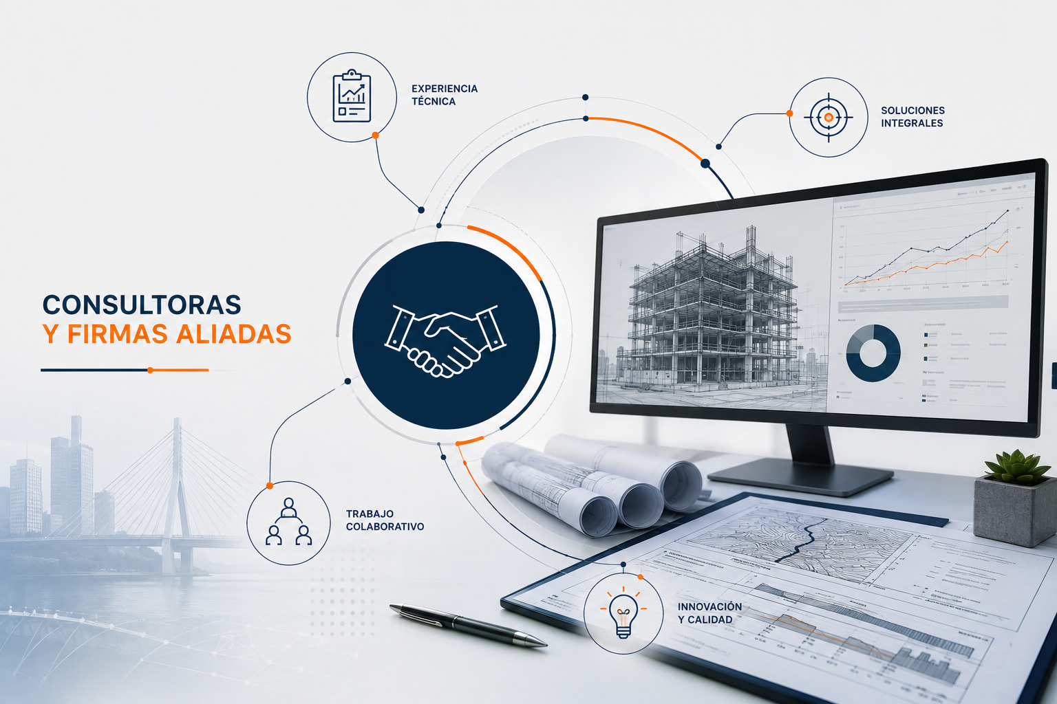 Escritorio de trabajo con planos y laptop